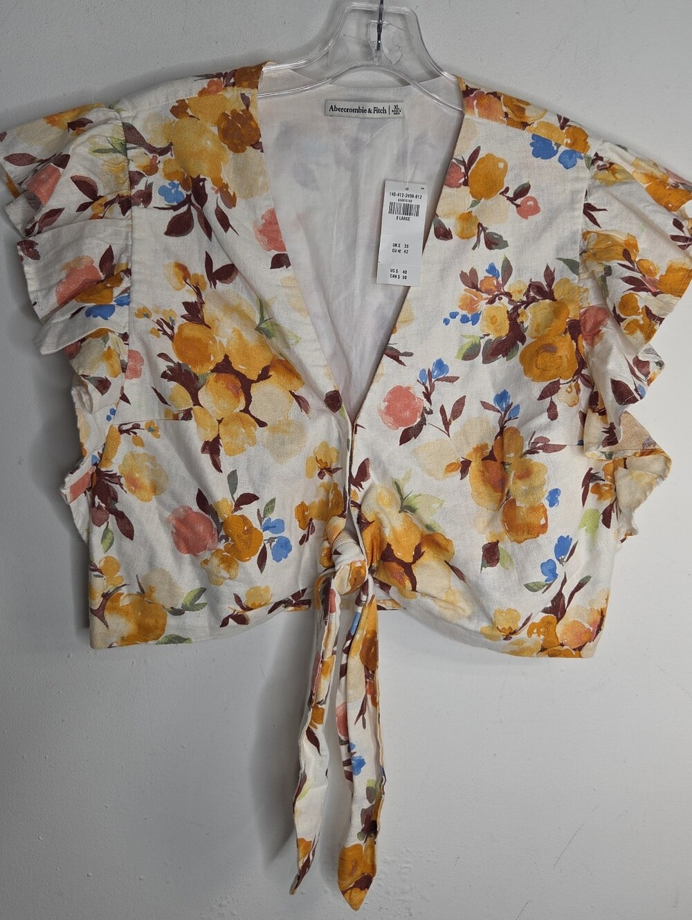 Abercrombie & Fitch XL NWT Linen Blend Tie Front Crop Top Floral Ruffle Sleeve